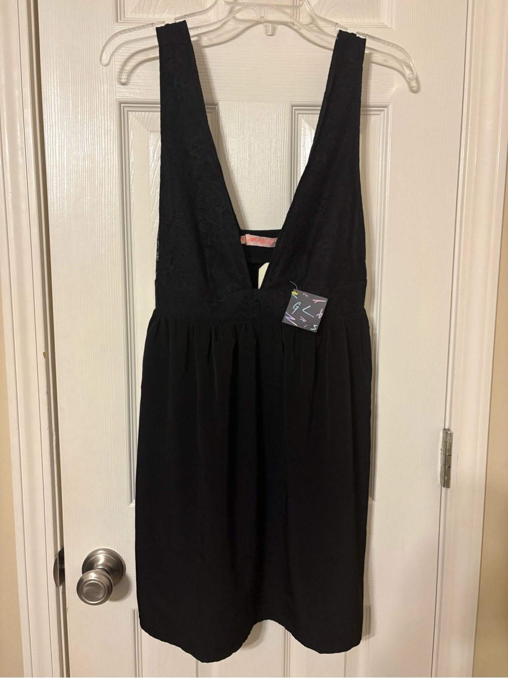 Oh My Love Black Plunging Neckline Empire Waist Flowy Mini Dress, Size M